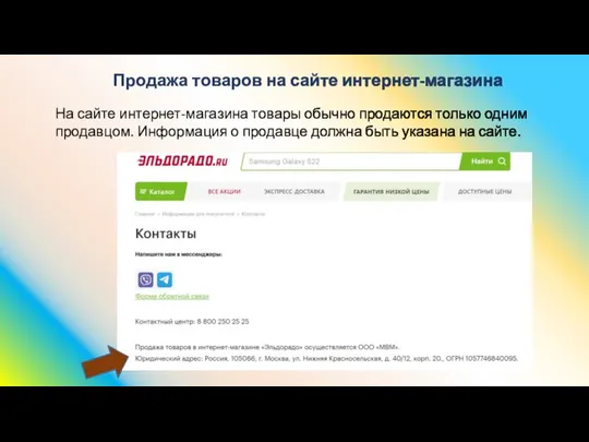 Продажа товаров на сайте интернет-магазина На сайте интернет-магазина товары обычно продаются только