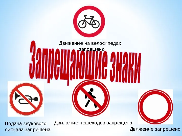 Запрещающие знаки Подача звукового сигнала запрещена Движение пешеходов запрещено Движение запрещено Движение на велосипедах запрещено