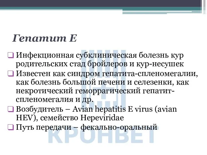 Гепатит Е Инфекционная субклиническая болезнь кур родительских стад бройлеров и кур-несушек Известен