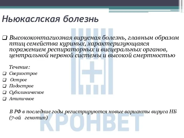 Ньюкаслская болезнь Высококонтагиозная вирусная болезнь, главным образом птиц семейства куриных, характеризующаяся поражением