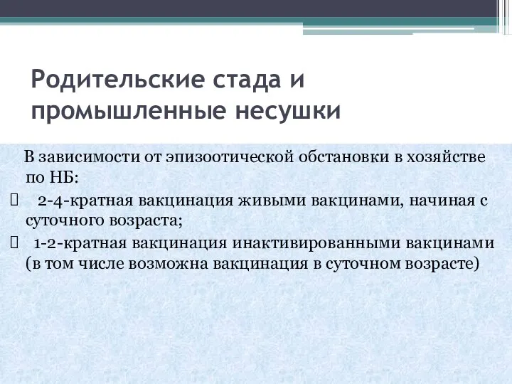 Родительские стада и промышленные несушки В зависимости от эпизоотической обстановки в хозяйстве