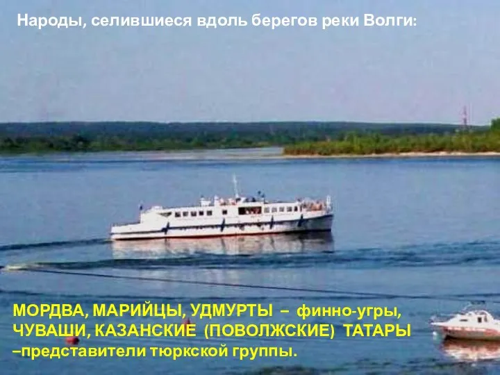 Народы, селившиеся вдоль берегов реки Волги: МОРДВА, МАРИЙЦЫ, УДМУРТЫ – финно-угры, ЧУВАШИ,