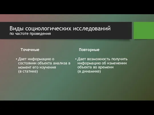 Виды социологических исследований по частоте проведения Точечные Дает информацию о состоянии объекта