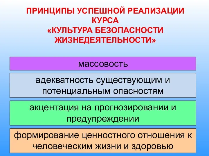 ПРИНЦИПЫ УСПЕШНОЙ РЕАЛИЗАЦИИ КУРСА «КУЛЬТУРА БЕЗОПАСНОСТИ ЖИЗНЕДЕЯТЕЛЬНОСТИ» адекватность существующим и потенциальным опасностям