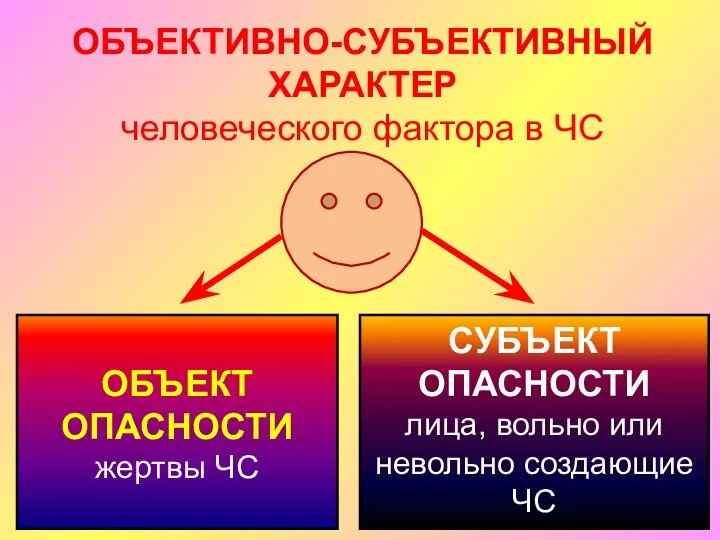 ОБЪЕКТИВНО-СУБЪЕКТИВНЫЙ ХАРАКТЕР человеческого фактора в ЧС ОБЪЕКТ ОПАСНОСТИ жертвы ЧС СУБЪЕКТ ОПАСНОСТИ