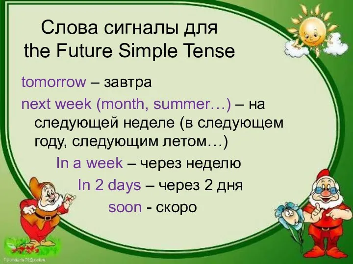 Слова сигналы для the Future Simple Tense tomorrow – завтра next week