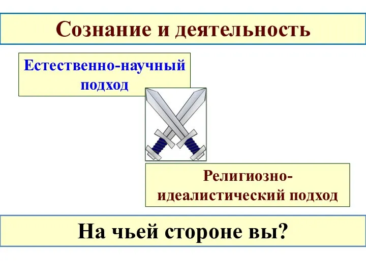 Сознание и деятельность Естественно-научный подход Религиозно-идеалистический подход На чьей стороне вы?