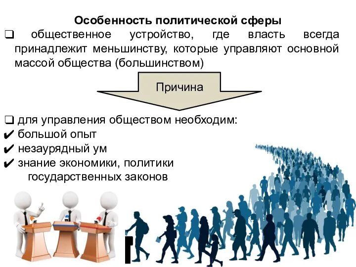 Особенность политической сферы общественное устройство, где власть всегда принадлежит меньшинству, которые управляют