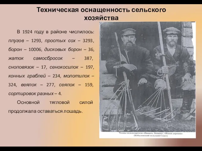 Техническая оснащенность сельского хозяйства В 1924 году в районе числилось: плугов –