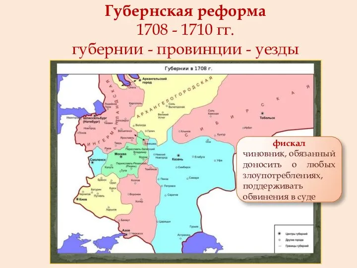 Губернская реформа 1708 - 1710 гг. губернии - провинции - уезды фискал