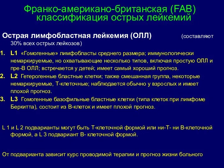 Франко-американо-британская (FAB) классификация острых лейкемий Острая лимфобластная лейкемия (ОЛЛ) (составляют 30% всех