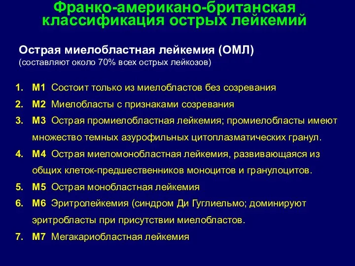 Франко-американо-британская классификация острых лейкемий Острая миелобластная лейкемия (ОМЛ) (составляют около 70% всех