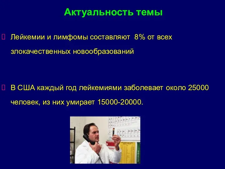 Лейкемии и лимфомы составляют 8% от всех злокачественных новообразований В США каждый