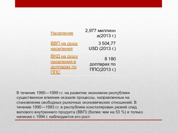 В течение 1990—1999 г.г. на развитие экономики республики существенное влияние оказали процессы,