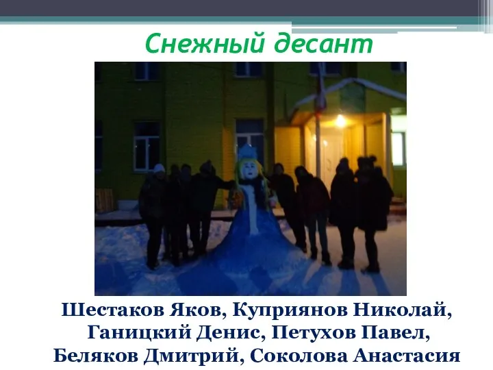 Снежный десант Шестаков Яков, Куприянов Николай, Ганицкий Денис, Петухов Павел, Беляков Дмитрий, Соколова Анастасия