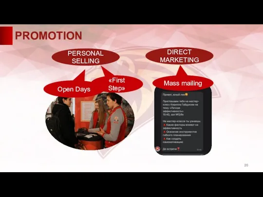 PROMOTION PERSONAL SELLING DIRECT MARKETING Mass mailing Open Days «First Step»
