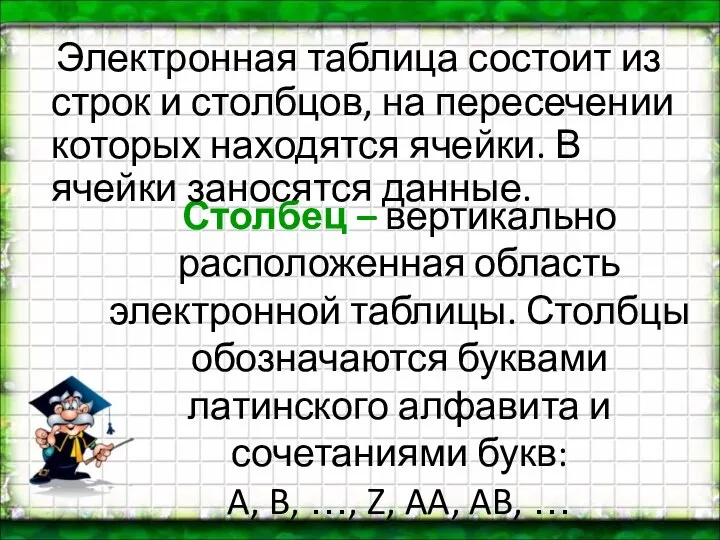 Столбец – вертикально расположенная область электронной таблицы. Столбцы обозначаются буквами латинского алфавита