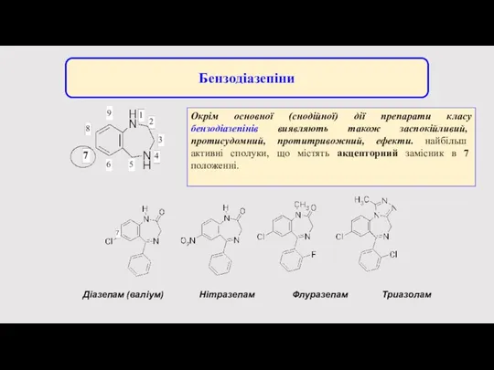 Бензодіазепіни Окрім основної (снодійної) дії препарати класу бензодіазепінів виявляють також заспокійливий, протисудомний,