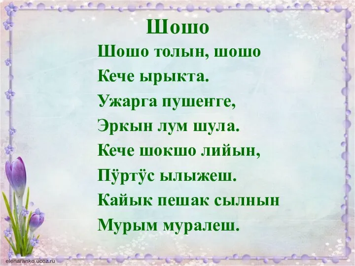 Шошо Шошо толын, шошо Кече ырыкта. Ужарга пушеҥге, Эркын лум шула. Кече