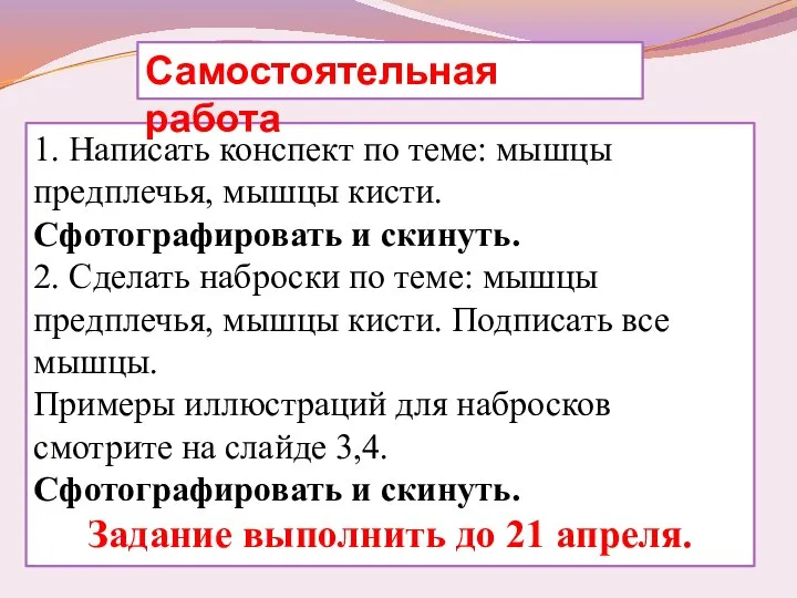 1. Написать конспект по теме: мышцы предплечья, мышцы кисти. Сфотографировать и скинуть.