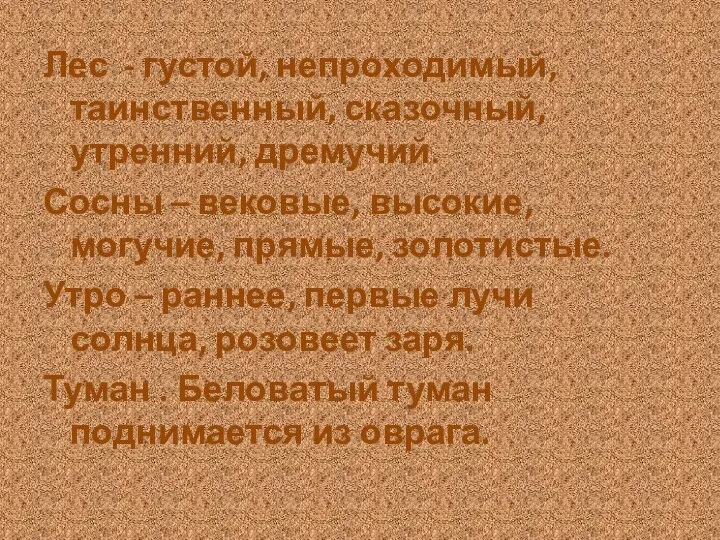 Лес - густой, непроходимый, таинственный, сказочный, утренний, дремучий. Сосны – вековые, высокие,