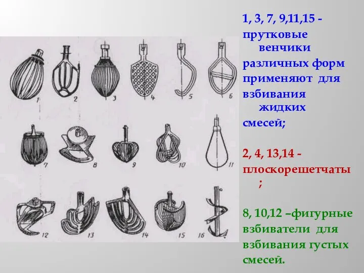 1, 3, 7, 9,11,15 - прутковые венчики различных форм применяют для взбивания