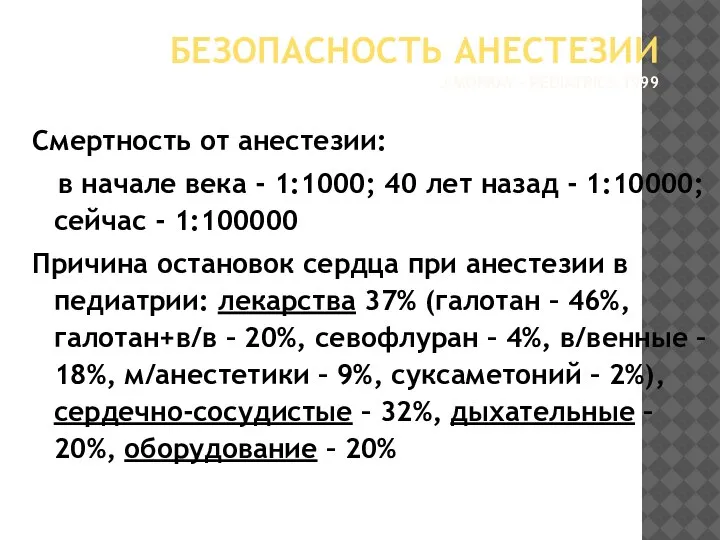 БЕЗОПАСНОСТЬ АНЕСТЕЗИИ J.MORRAY – PEDIATRICS,1999 Смертность от анестезии: в начале века -