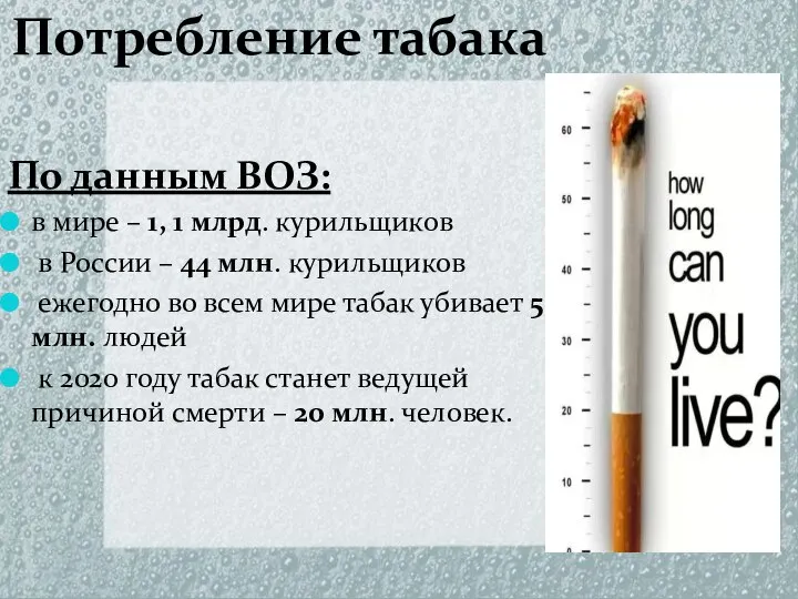 Потребление табака По данным ВОЗ: в мире – 1, 1 млрд. курильщиков