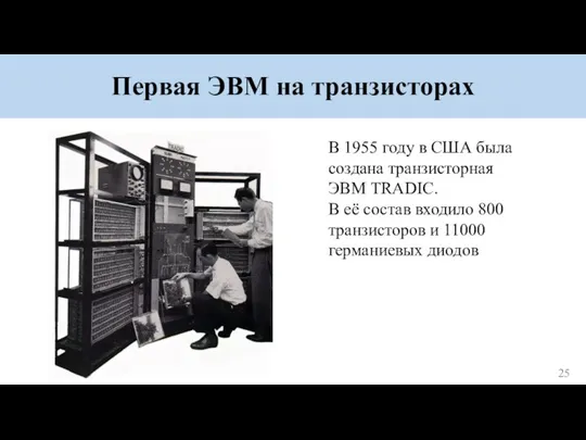 Первая ЭВМ на транзисторах В 1955 году в США была создана транзисторная