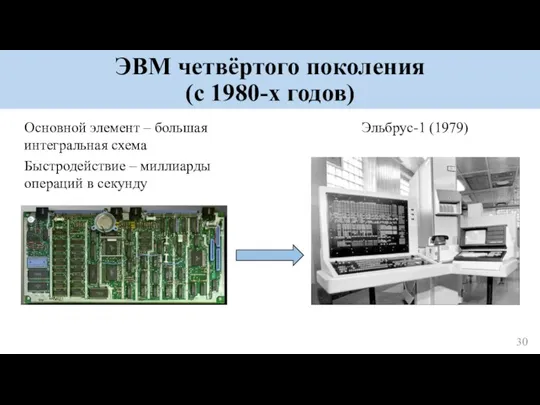 ЭВМ четвёртого поколения (с 1980-х годов) Основной элемент – большая интегральная схема