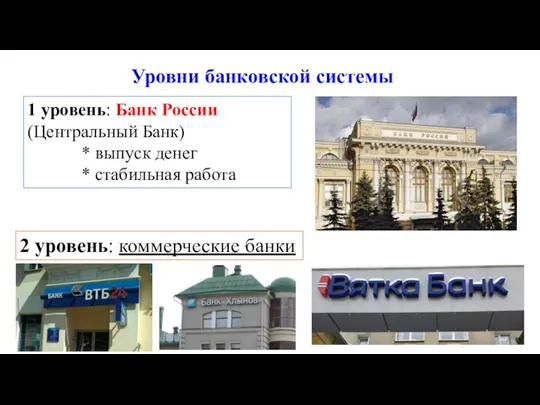 Уровни банковской системы 1 уровень: Банк России (Центральный Банк) * выпуск денег