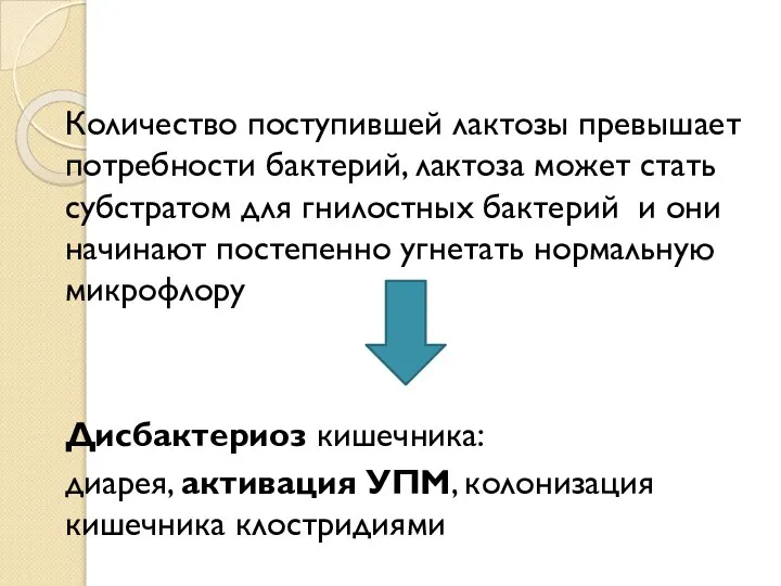 Количество поступившей лактозы превышает потребности бактерий, лактоза может стать субстратом для гнилостных