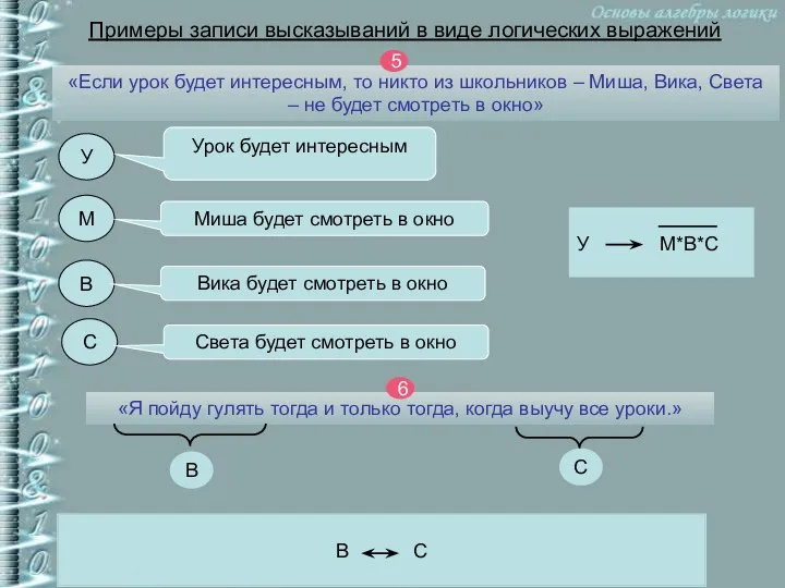 В С Примеры записи высказываний в виде логических выражений «Если урок будет