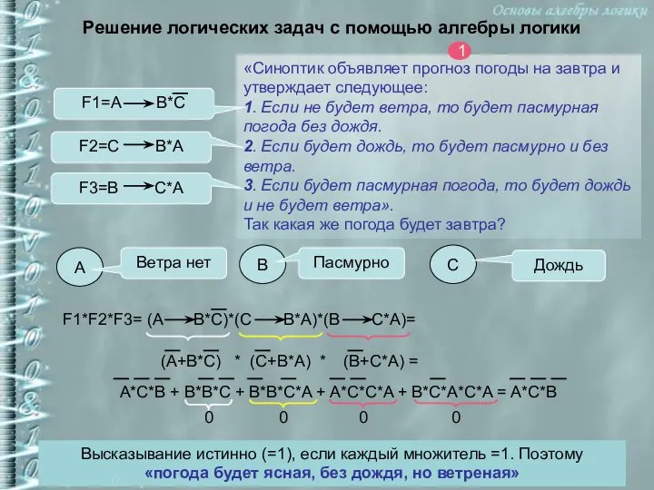 Решение логических задач с помощью алгебры логики «Синоптик объявляет прогноз погоды на