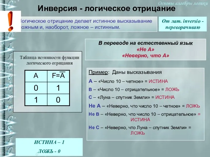 Инверсия - логическое отрицание От лат. inversio - переворачиваю Логическое отрицание делает