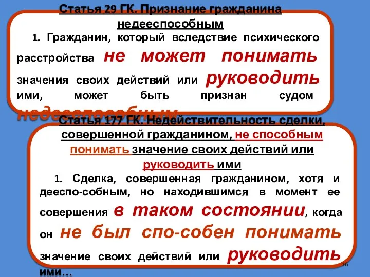 Статья 29 ГК. Признание гражданина недееспособным 1. Гражданин, который вследствие психического расстройства