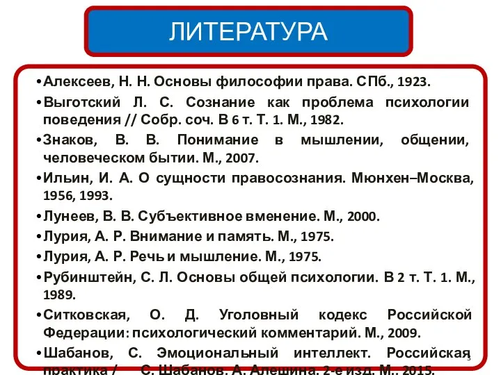 ЛИТЕРАТУРА Алексеев, Н. Н. Основы философии права. СПб., 1923. Выготский Л. С.