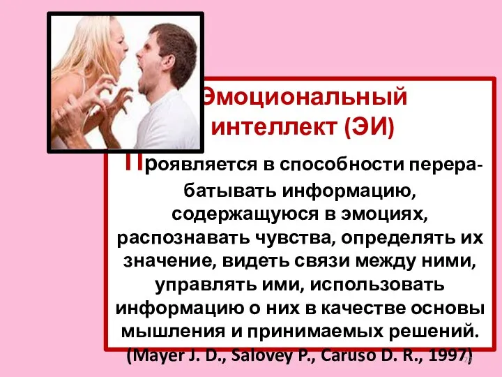 Эмоциональный интеллект (ЭИ) Проявляется в способности перера- батывать информацию, содержащуюся в эмоциях,