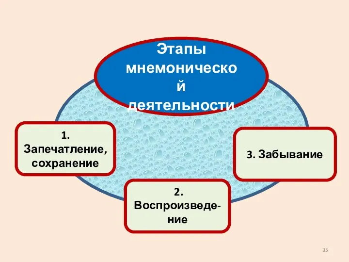 Этапы мнемонической деятельности 1. Запечатление, сохранение 2. Воспроизведе- ние 3. Забывание