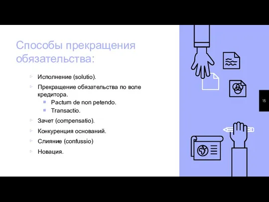 Способы прекращения обязательства: Исполнение (solutio). Прекращение обязательства по воле кредитора. Pactum de