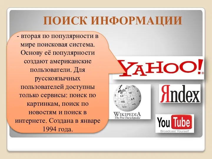 В СЕТИ ИНТЕРНЕТ осуществляется с использованием программных поисковых сервисов ПОИСК ИНФОРМАЦИИ -