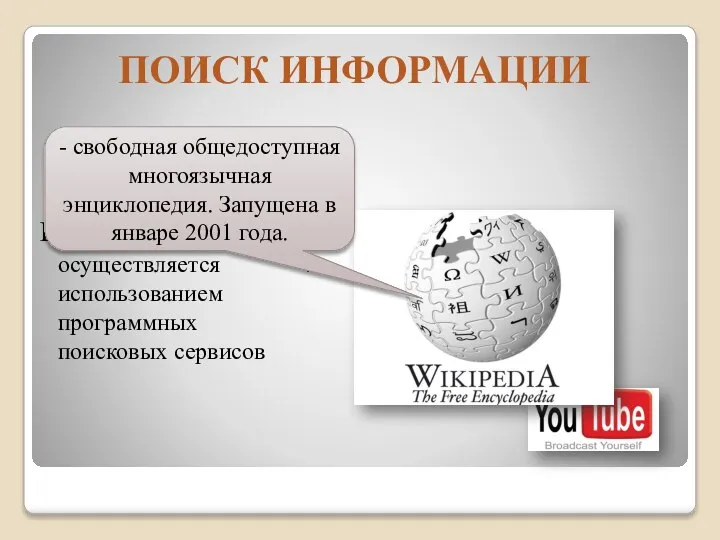 В СЕТИ ИНТЕРНЕТ осуществляется с использованием программных поисковых сервисов ПОИСК ИНФОРМАЦИИ -