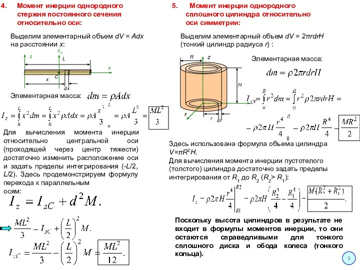 3 Момент инерции однородного стержня постоянного сечения относительно оси: x z L