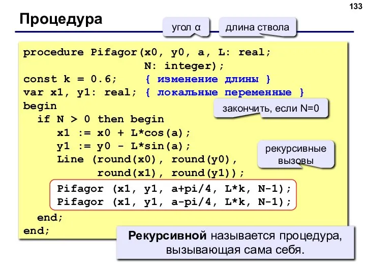 Процедура угол α длина ствола procedure Pifagor(x0, y0, a, L: real; N: