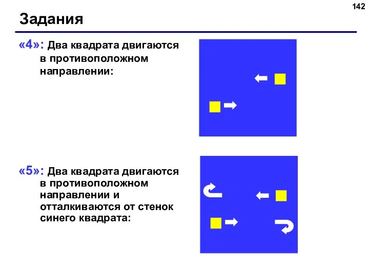 «4»: Два квадрата двигаются в противоположном направлении: «5»: Два квадрата двигаются в