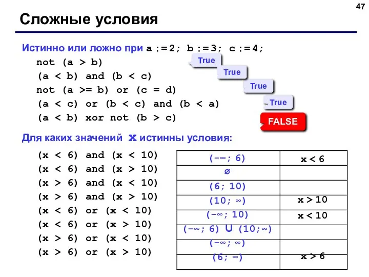 Истинно или ложно при a := 2; b := 3; c :=