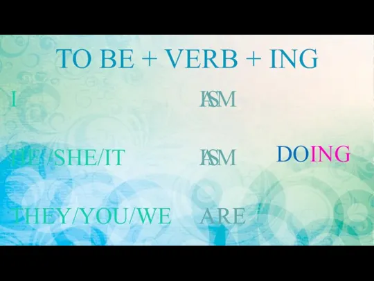 TO BE + VERB + ING I HE /SHE/IT THEY/YOU/WE IS AM