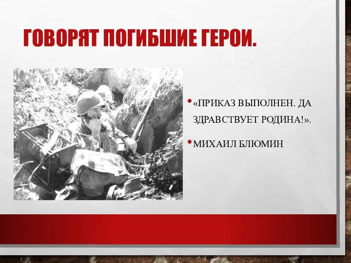 «ПРИКАЗ ВЫПОЛНЕН. ДА ЗДРАВСТВУЕТ РОДИНА!». МИХАИЛ БЛЮМИН ГОВОРЯТ ПОГИБШИЕ ГЕРОИ.