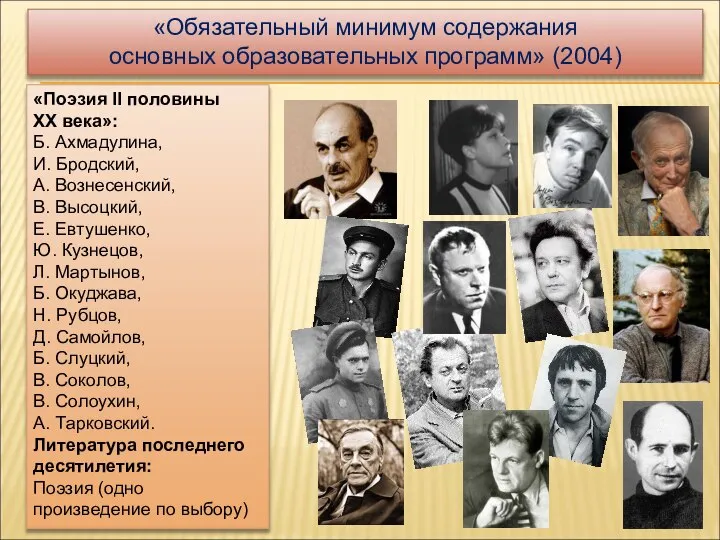 «Обязательный минимум содержания основных образовательных программ» (2004) «Поэзия II половины XX века»: