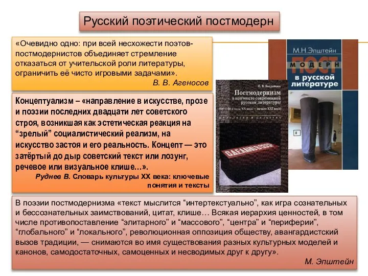 Русский поэтический постмодерн «Очевидно одно: при всей несхожести поэтов-постмодернистов объединяет стремление отказаться